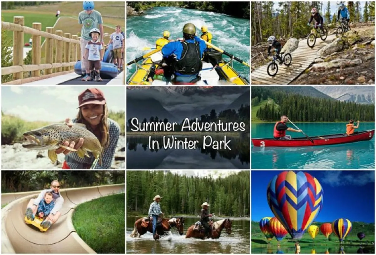 A vibrant summer scene with families enjoying outdoor adventures: colorful hot air balloons dot the sky, children slide down a water slide, people kayak on a lake, bike on wooded paths, fish in a river, and ride horses through nature.