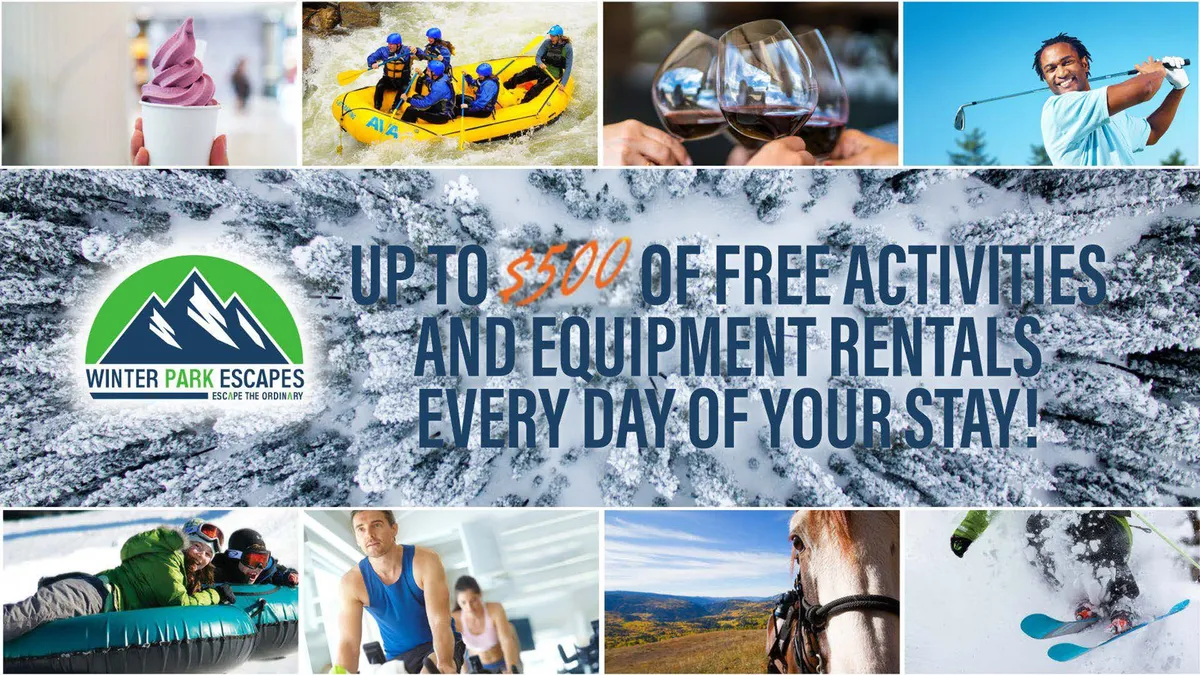 A lively collage of outdoor activities, including skiing, snowboarding, rafting, horseback riding, and local food experiences. The image conveys excitement, variety, and the exclusive perks program's diverse offerings.
